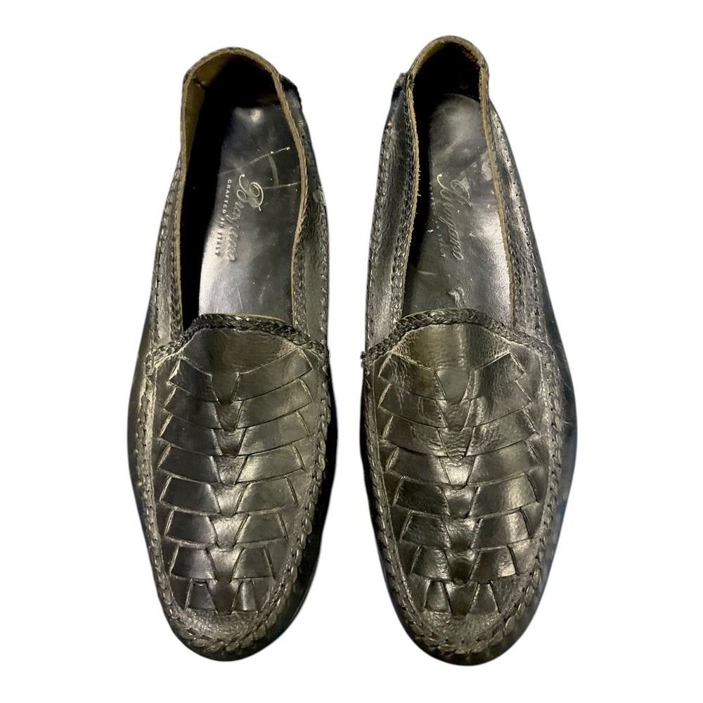 Bragano Mens‎ 11.5 M Woven Leather Loafers Black Crafted In Italy Slip On Shoes